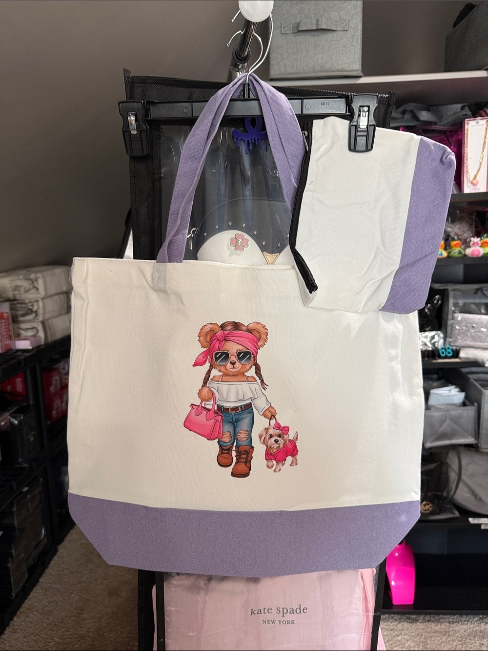 White & Pink Canvas Tote with Cute Dog Graphic - Picture 4 of 6